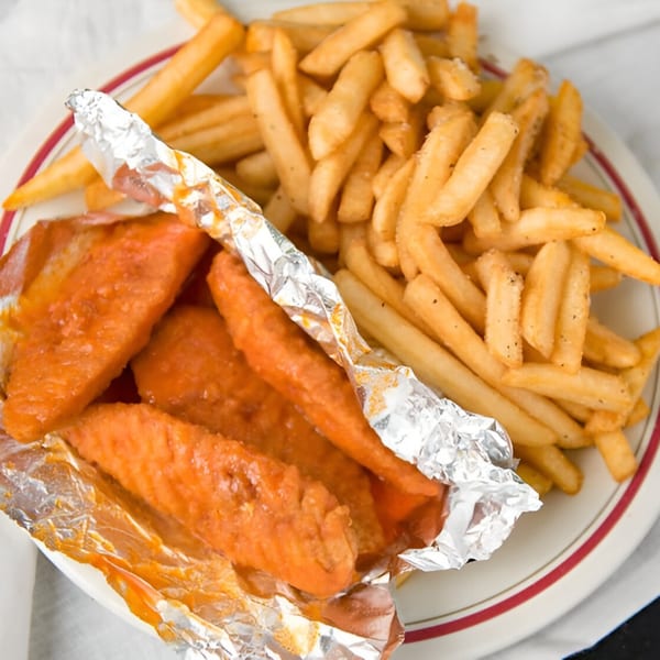 Fat Moe's buffalo chicken strips in foil with a side of golden french fries on a white plate.